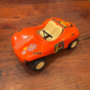 Vintage 1970&#39;s Tonka Orange Pressed Steel Dune Buggy Toy with Groovy Stickers - Beach House Decor - Retro 1970s Metal Car Toy