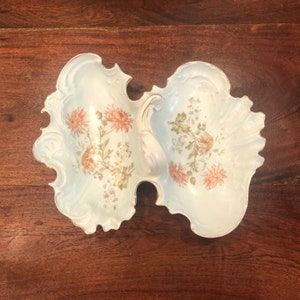 Antique c. 1900 Victorian German Porcelain Divided Vegetable Dish with Transferware Chrysanthemums by CT / Carl Tielsch - Botanical Decor