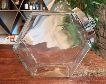 Bote de cocina hexagonal de vidrio de seis lados, estilo vintage de los años 70, con tapa de plástico plateada - Recipiente para almacenar alimentos o dulces de los años 70 - Tapa con grieta