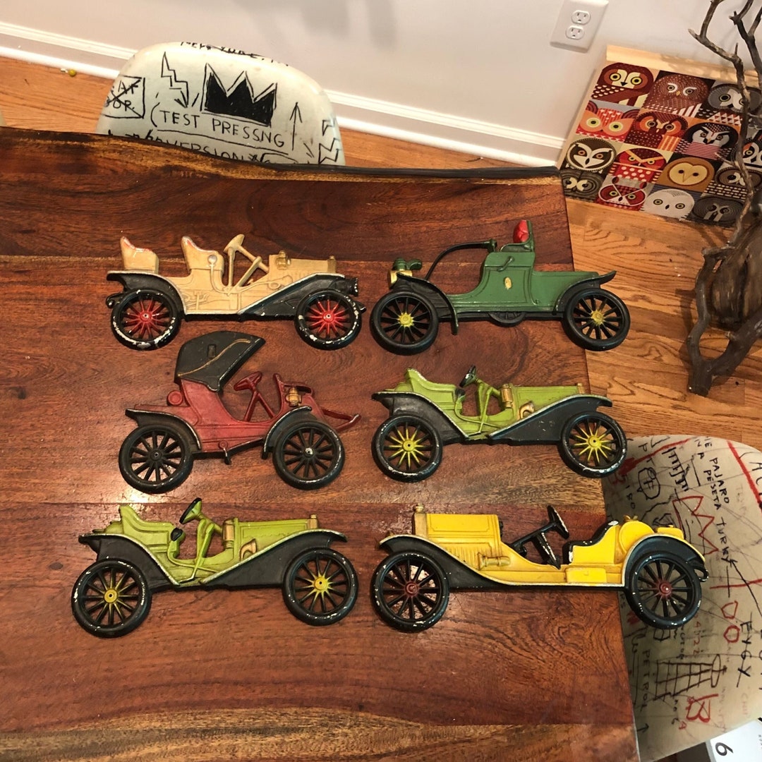 Set of 6 Vintage 1960's Thick Aluminum Metal Antique Car Wall Hangings