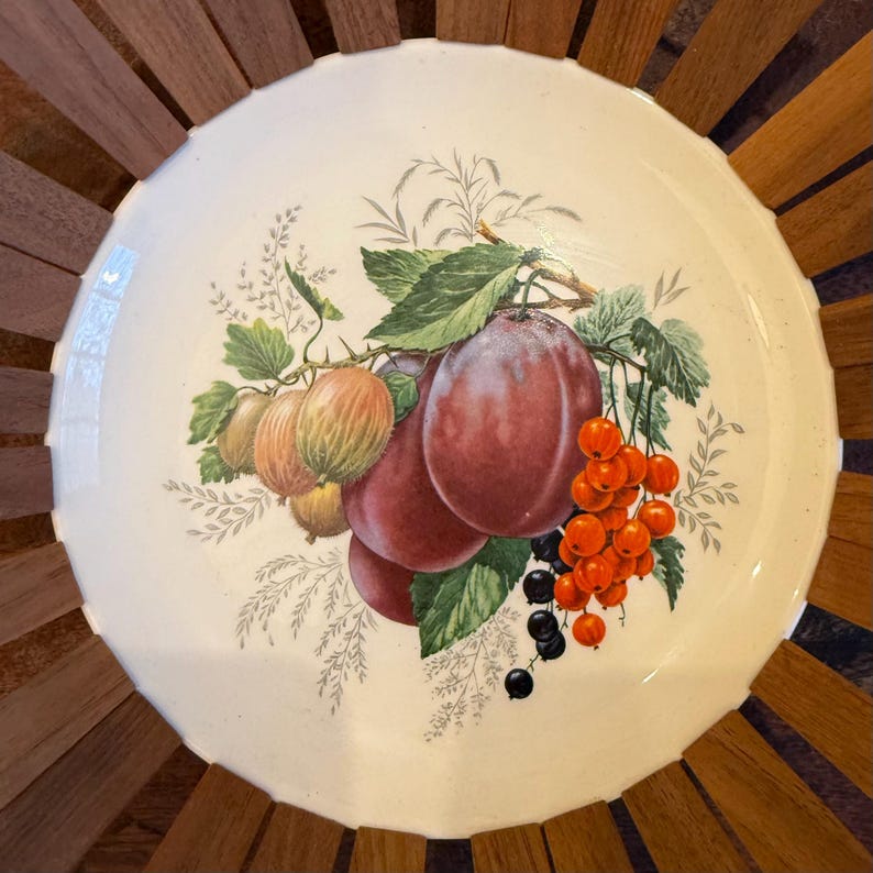 Mid Century Modern Teak & Ceramic Fruit Transferware Fruit Basket by ...
