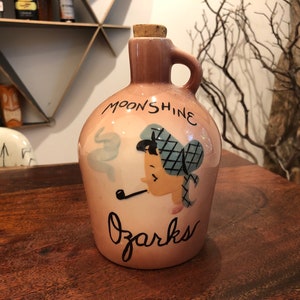 Mid Century Maw Moonshine Ozarks Souvenir Ceramic 36 oz. Liquor Decanter with Cork Stopper - Vintage Hillbilly Mountain Folk Bottle Barware