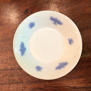 Peut inclure: Une soucoupe blanche avec un motif floral bleu. La soucoupe a un bord légèrement festonné.