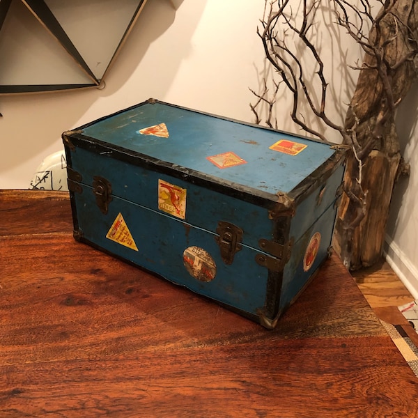 Vintage 1940's Blue Metal and Wood Blue Doll Steamer Trunk Toy with 16 Travel Stickers by Mason & Parker Mfg. Educational Playthings