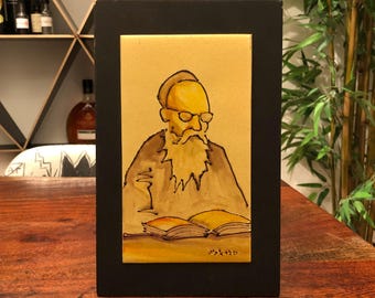 Vintage Israeli Jewish Rabbi Reading Book Enameled Copper Relief on Plywood Wall Hanging by Hadar Aviv - Made in Israel - Religious Decor