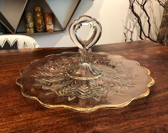 Vintage 1940's Art Deco 12" Round Scalloped Glass Serving Tray - Mid Century Appetizer Snack Plate - 1940s Party Home Decor Tableware