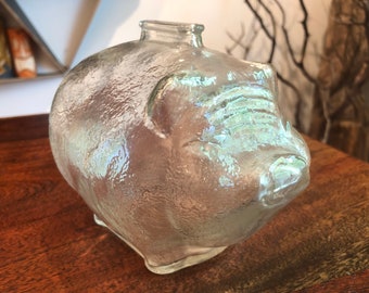 Vintage Clear Thick Glass 6.5" Pig Shaped Piggy Bank by Anchor-Hocking - 1970s Hog Farm Animal Savings Bank by Anchor Hocking - Kid's Bank