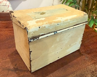 Mid Century Rustic Beige Steel Index Card Recipe Box - Holds 3" x 5" Index Cards - Vintage Kitchen Storage
