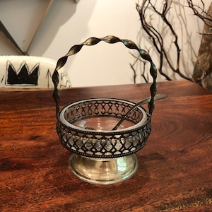 Antique English Silver Plated Metal & Glass Twisted Handle Sugar Bowl with Spoon - Vintage Victorian Style Silver-Plated Tableware