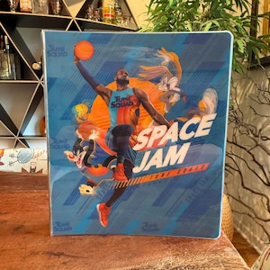 Op de afbeelding: Een ingelijste Space Jam-poster met LeBron James en Looney Tunes-personages. De poster heeft een blauwe achtergrond met de tekst "SPACE JAM". De personages staan in actieposes. Een levendig kunstwerk.