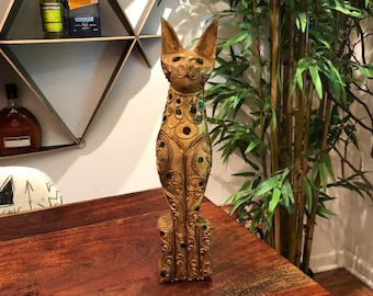 Vintage asiatische indische handgewölbte und Gold bemalte 12,25 &quot;siamesische Katzenstatue mit Schnürdekoration und Juwelen - Indien Tierkunstfigur