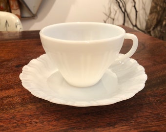 Mid Century 1950's Toughened Corning Princess Swirl White Milk Glass 8 oz. Coffee Cup / Teacup & Saucer - Vintage Tea Accessories