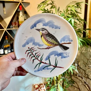 Puede incluir: Plato de cerámica blanco con una ilustración detallada de un pájaro posado en una rama, con acentos de nubes azules y la palabra "Wyoming". El pájaro tiene plumas amarillas, negras y marrones. Plato decorativo.