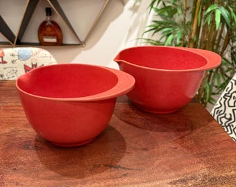 Set of 2 Vintage Mid Century Danish Modern Dark Coral Color Mixing / Batter Bowls with Spouts & Handles - Scandinavian Nordic Kitchen Decor