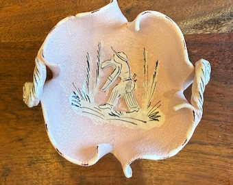 Mid Century 1950s Italian NSP in Triangle Logo Pottery Pink & White Decorative Bowl / Ashtray with Man in Foliage - Made in Italy