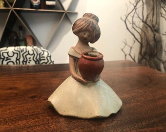 Vintage 1970's Japanese UCTCI Stoneware Girl with Mini Jar Vase Figurine