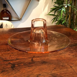 Antique c. 1929 -1939 Art Deco 11&quot; Round Pink Depression Glass Serving Tray with Handle - Vintage 1930&#39;s Appetizer Snack Plate Party Tray