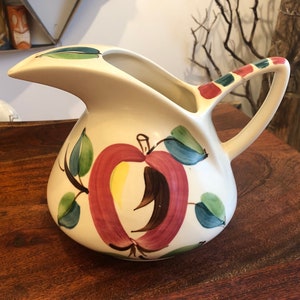 Vintage 1940's Purinton Slip Ware Hand Painted Pitcher with Apple Design - Little Sliver Chip on Handle - Puriton Pottery Company