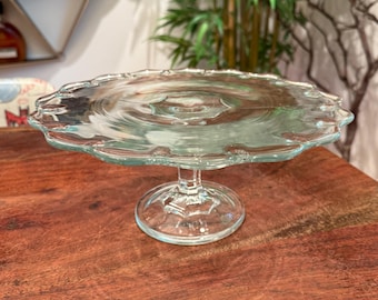 Mid Century Clear Glass Teardrop 11" Cake Stand - Vintage Dessert Food Display Pedestal Plate