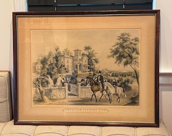 Antique c. 1855 - 1856 Currier & Ives Hand Colored American Country Life May Morning c. 1855 Lithograph Art Print in Wooden Frame - Farm Art