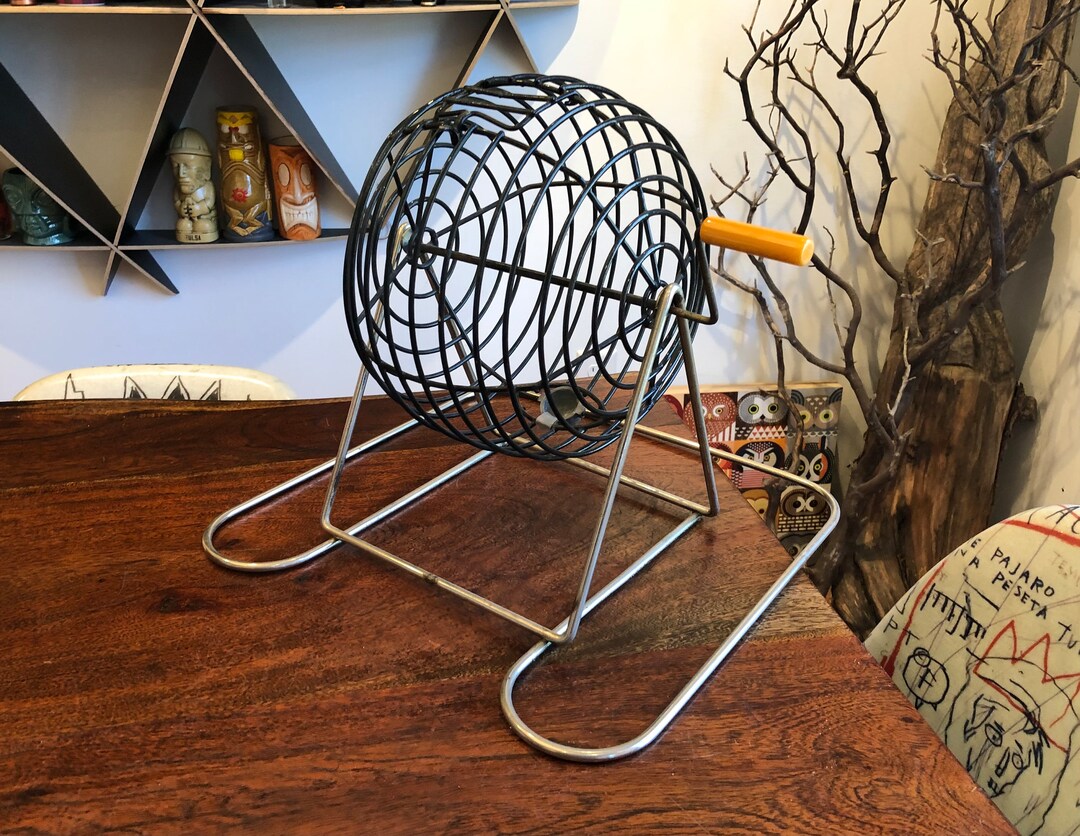 Antique 1930's Art Deco Chrome & Metal Spinning Bingo Ball Dispenser Cage With Butterscotch