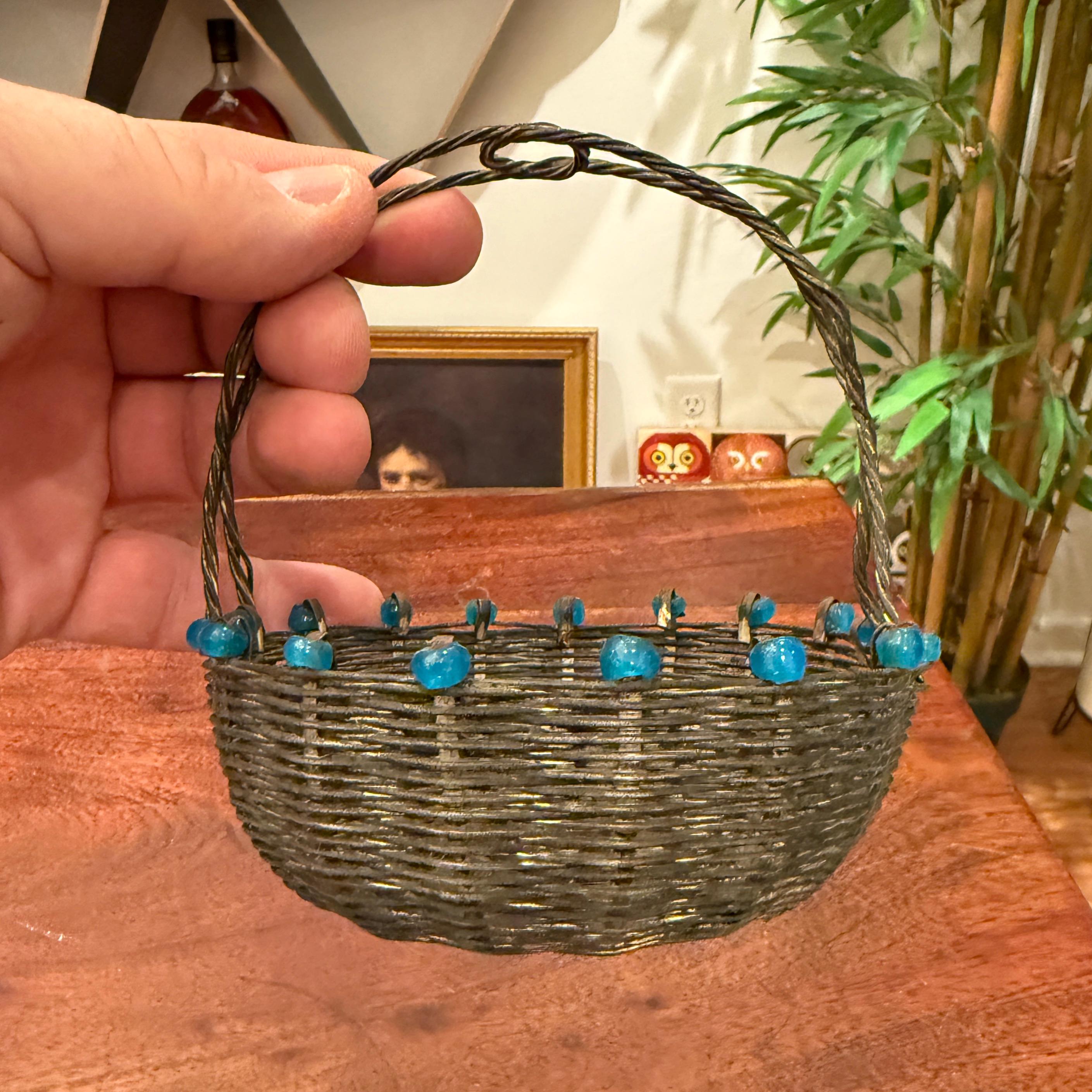 アンティーク 1800年代 ドイツ製 銀メッキ 編み込みメタル＆ブルー