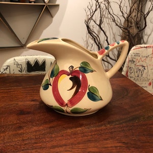Vintage 1940's Purinton Slip Ware Hand Painted Pitcher with Apple Design - Crack on Rim - Puriton Pottery Company