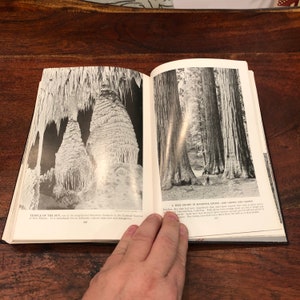 May include: A black and white photograph of a book open to two pages. The left page shows a photo of a cave with large rock formations. The right page shows a photo of a grove of tall trees. The text on the left page reads "Temple of the Sun, one of the magnificent limestone chambers in the Carlsbad Caverns of New Mexico. It is remarkable for its delicately-shaped stalactites and stalagmites." The text on the right page reads "A Tree Grows in Mariposa Grove - and Grows and Grows. Nowhere does man find a sight more magnificent than that giant sequoia grove, each tree in which is older than the oldest civilization. Fully grown trees average 100 feet in height and 25 feet in diameter. Some have been measured 300 feet in height, and one has been found to be 40 feet in diameter. One tree has been hollowed out to a dance floor, big enough for 50 people to dance in."