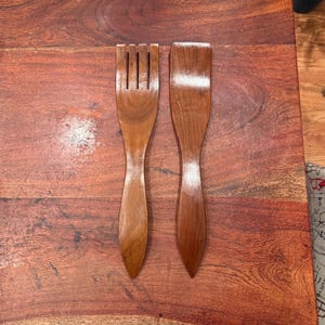 Mid Century Danish Modern Walnut Wood 15&quot; Long Salad Serving Utensils - MCM Vintage 60&#39;s Wooden Tableware