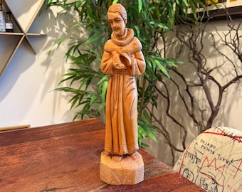 Vintage 1970s Israeli St. Gall Patron Saint for Birds Hand Carved Olive Wood Statue - 70s Made in The Holy Lands - Saint Gall - St. Gallus
