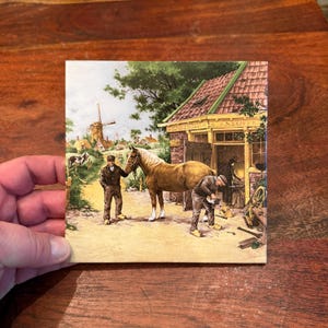 Mid Century Dutch Windmill & Farm Scene Ceramic Tile Trivet by Royal Mosa Pottery - Vintage Farrier Horse Equestrian Kitchen Home Decor