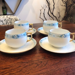 Set of 2 Mid Century German Hand Painted Porcelain Teacups & Saucers Set with Blue Floral Paintings - Vintage German Porcelain Teacups