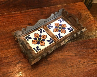 Vintage 1970's Mexican Carved Wood & Ceramic Decorative Tile Serving Tray - Made in Mexico - Mexican Folk Art Home Decor Bar Tray