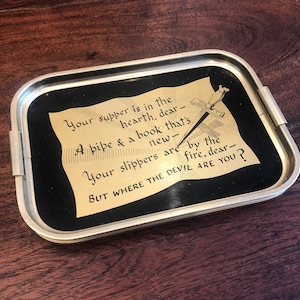 Antique 1940&#39;s English Art Deco Style Funny Husband & Wife Gold and Black Thick Metal Aluminum Serving Tray by Woodmet Limited