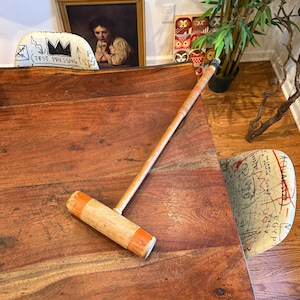 Antique Orange Wooden Croquet Mallet - Vintage Wooden Outdoor Lawn Sports Accessories
