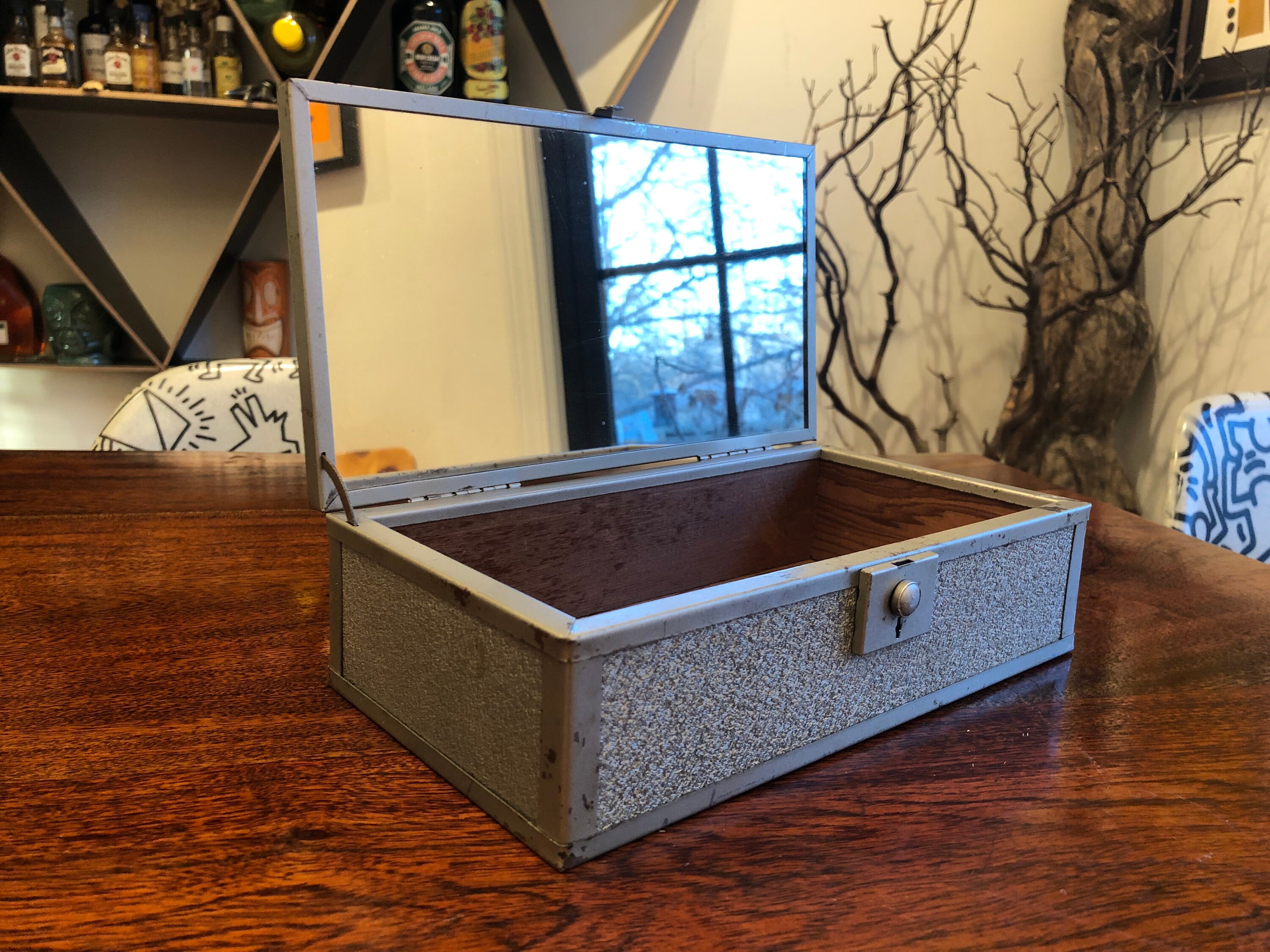 Vintage 1940's Botanical Wood & Metal Candy Box / Lock Box