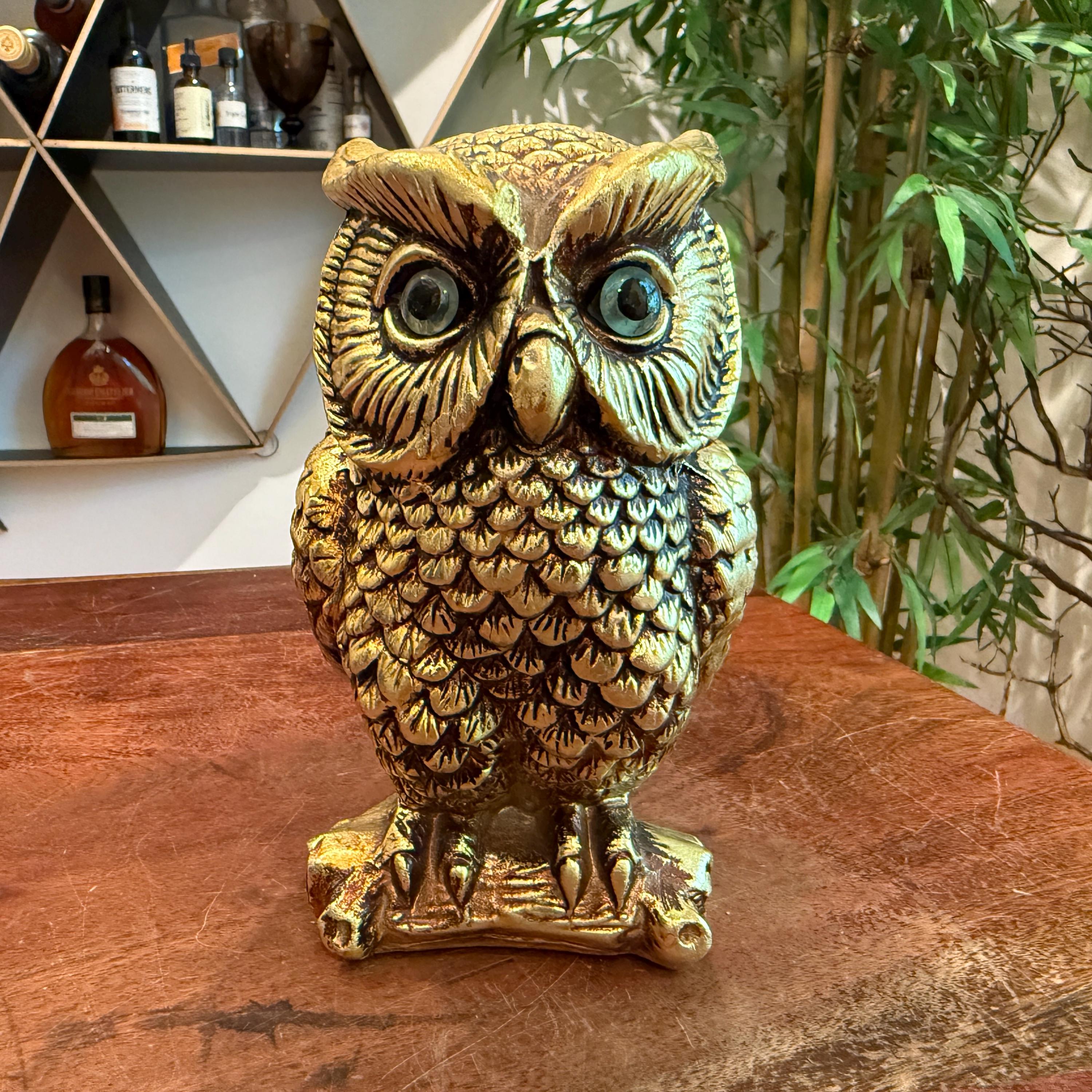 Vintage 1960s Lenwile Ardalt Artware Gold Ceramic Owl Figurine - Hollywood Regency Decoration - Cabi
