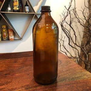 Mid Century 1940&#39;s Brown Amber Glass 9.75&quot; Clorox Bottle with Lid - Vintage 1940s  Brown Clorox Bottle - 40&#39;s Mid Century Cleaning Supplies