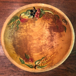 Vintage 1940&#39;s Hand Painted Turned Wood Bowl by Woodcraftery - Antique Farmhouse Kitchen Decor - Antique Farmhouse Decor