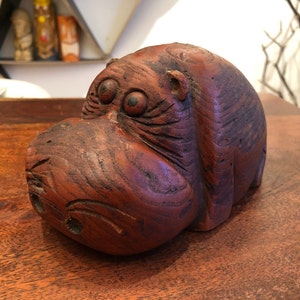 Vintage 1960's Faux Wood Resin Hippopotamus 6.75" Figurita - Hippo Safari Zoo Animal Decor