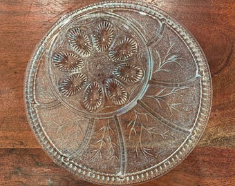 Vintage 1970s Indiana Glass Clear Tree of Life or Pebble Leaf Pattern Deviled Egg / Relish / Appetizer 13" Serving Tray - 70s Party Platter