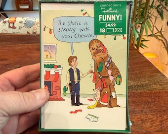 Vintage ongebruikte set van 18 Star Wars Hallmark Connection grappige botten kerstkaarten met Hans Solo en Chewbacca in verzegelde doos