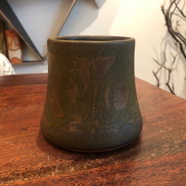 Mid Century Modernist Hand Made Olive Green & Brown Glazed Small Flower Pot - MCM Planter - Mid Century Modern Pottery Modernism Home Decor