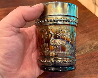 Antique c. 1908 - 1914 Dugan Glass Company Art Nouveau Peacock at the Fountain Pattern Iridescent Cobalt Blue Carnival Glass 8 oz. Tumbler