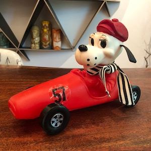 Vintage 1960&#39;s Bank Robber Dog in Red Race Car Piggy Bank from First National Bank of Bellvue Illinois - Retro Dog Savings Bank - Dog Decor