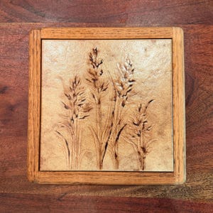 May include: A square coaster featuring a light tan ceramic tile with a dark brown embossed design of three stalks of wheat or tall grass, framed by a smooth, medium-toned wooden border with a visible grain pattern and straight edges.