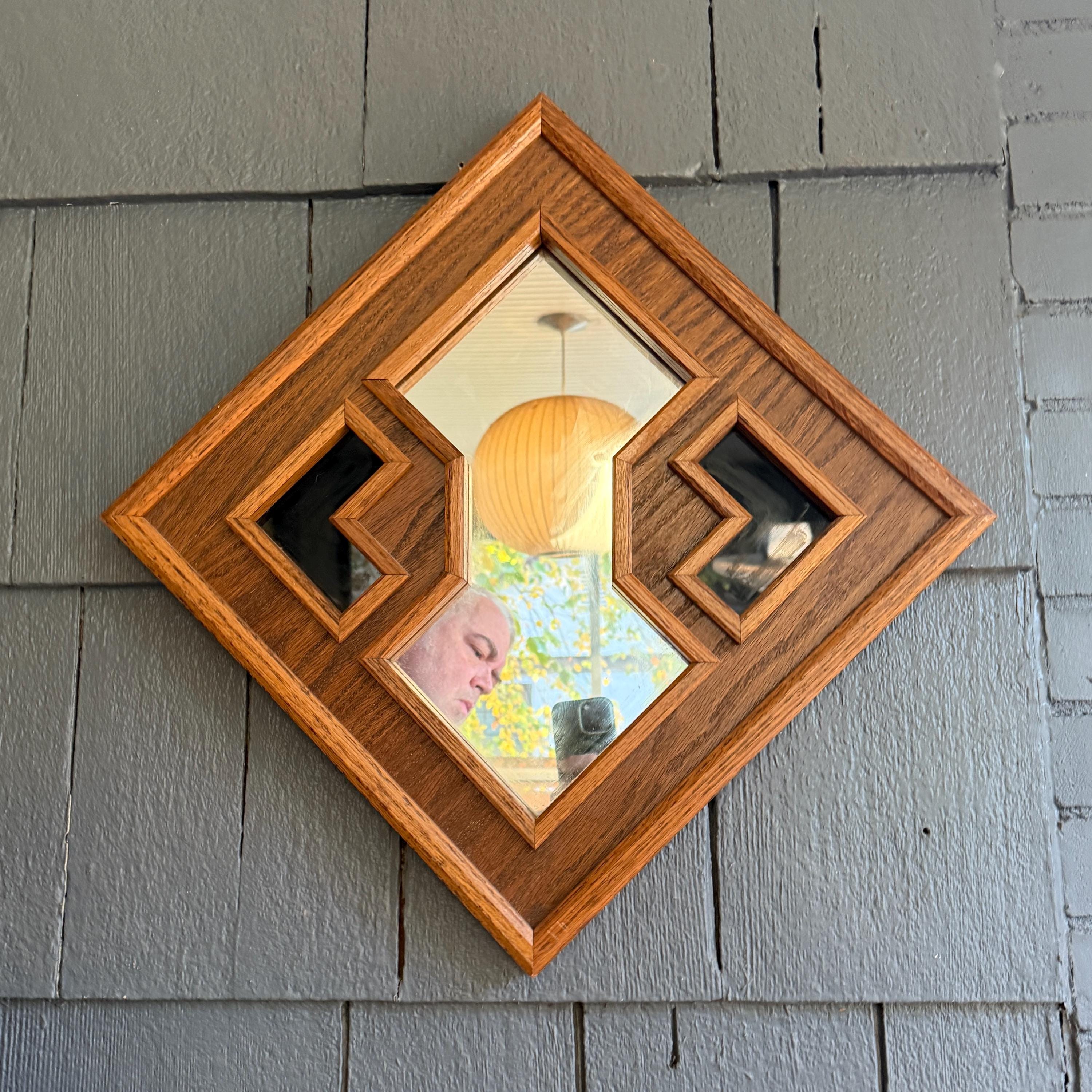 Vintage 1970s Handmade Geometric Oak Diamond Shaped Wall Mirror by