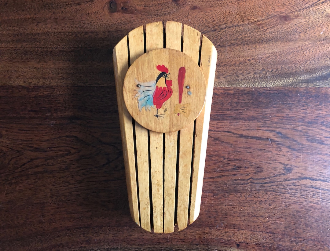 Mid Century 1950's Wooden Wall Mount Kitchen Knife Holder With Rooster