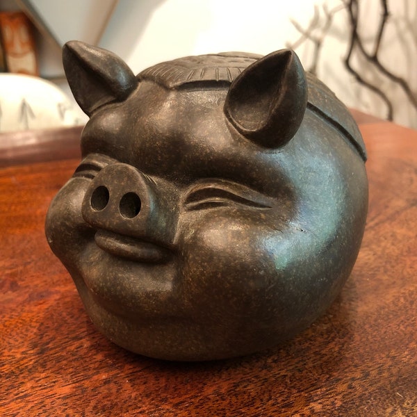 Vintage Brown Clay Pottery Piggy Bank - No Stopper - Vintage Pig Decor - Pig Figurine - Hog Savings Bank