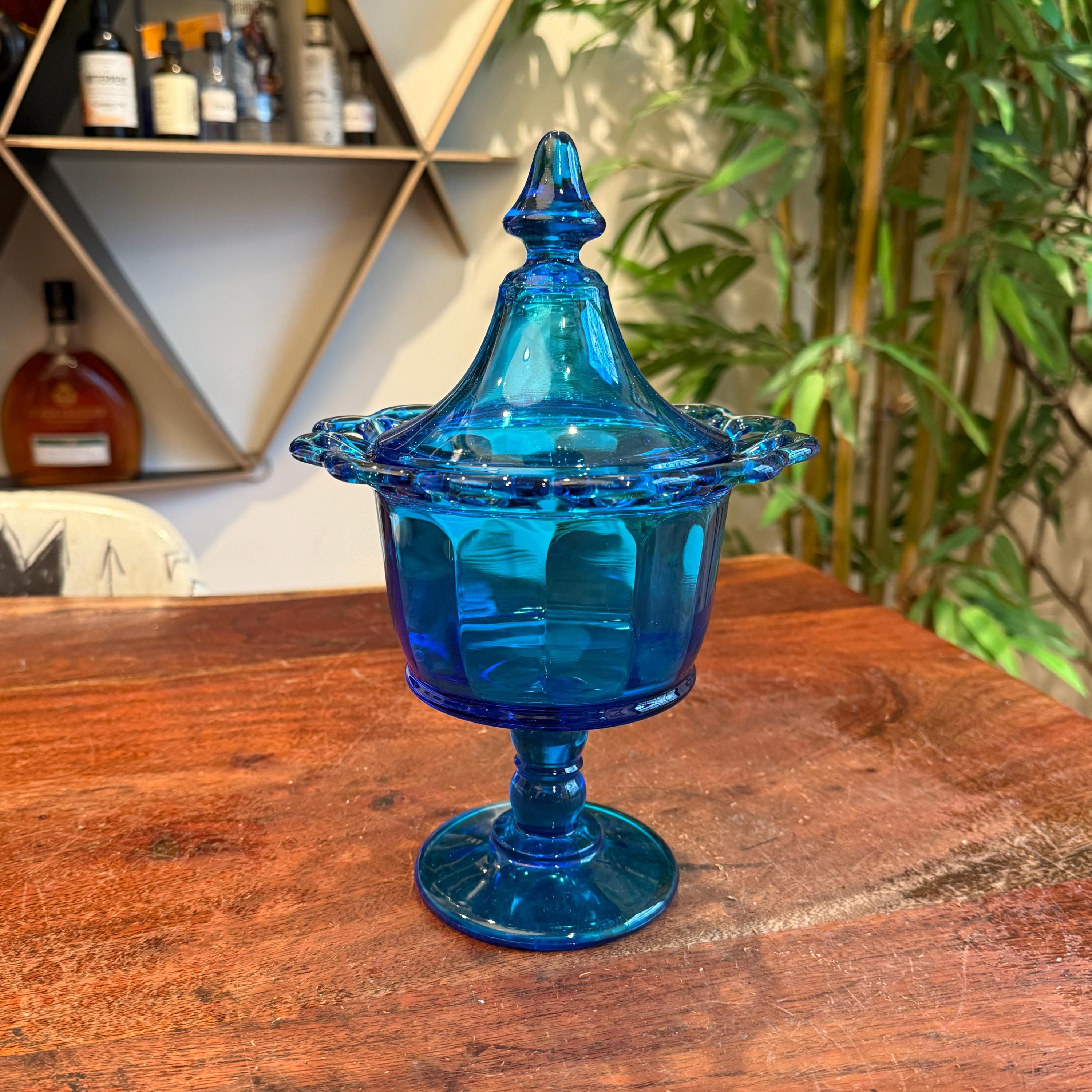 Vintage 1960's Imperial Electric Blue Glass Pedestal Candy Bowl with Lid - Mid Century 60's Art Glass Lace Trim Lidded Candy Dish